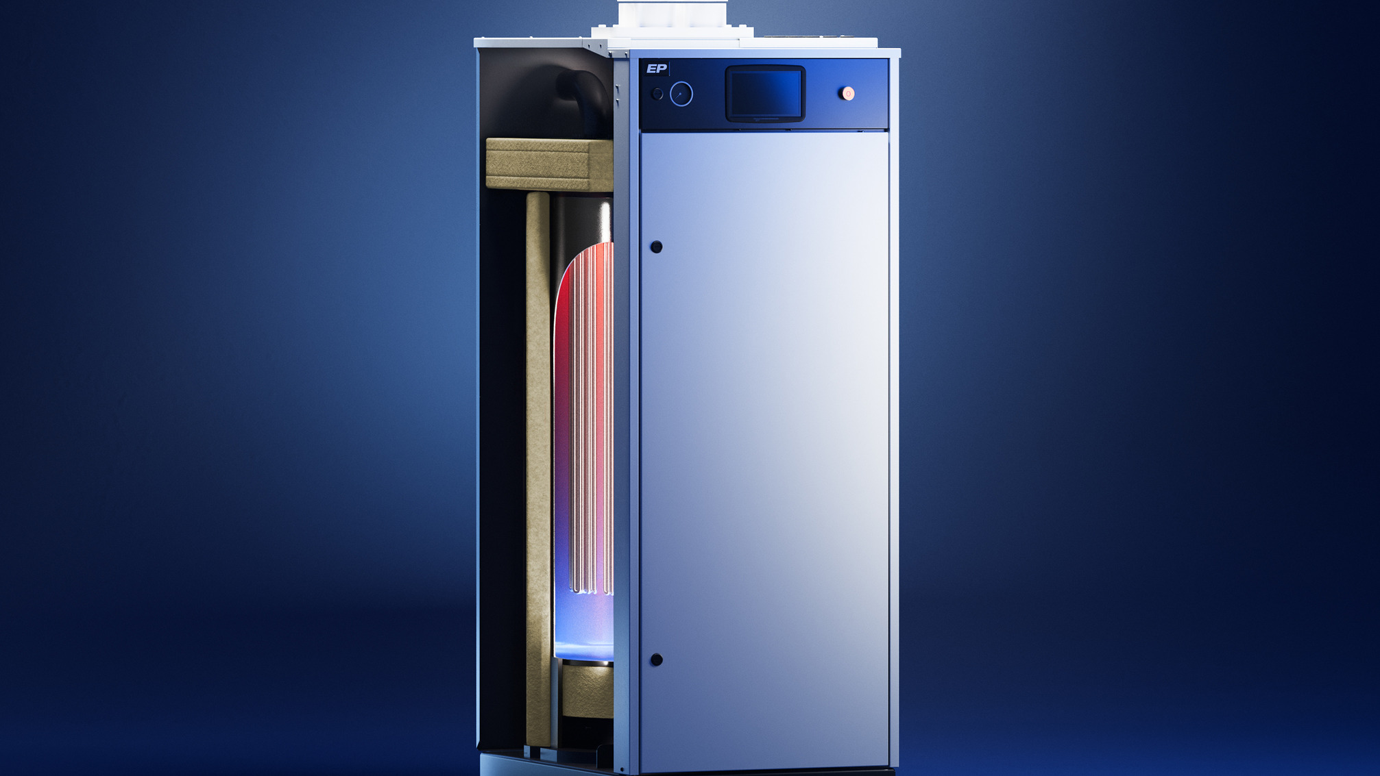 Chaudière électrique moderne avec vue en coupe, mettant en valeur les éléments chauffants internes et éclairée dans une ambiance bleu foncé.