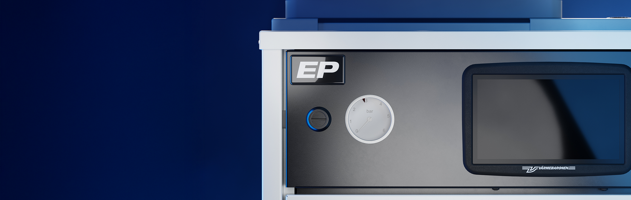Chaudière électrique moderne avec affichage numérique et manomètre sur fond bleu foncé.