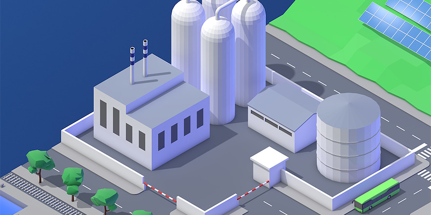 Illustration isométrique d'une installation industrielle avec réservoirs de stockage, bâtiments et panneaux solaires à proximité.
